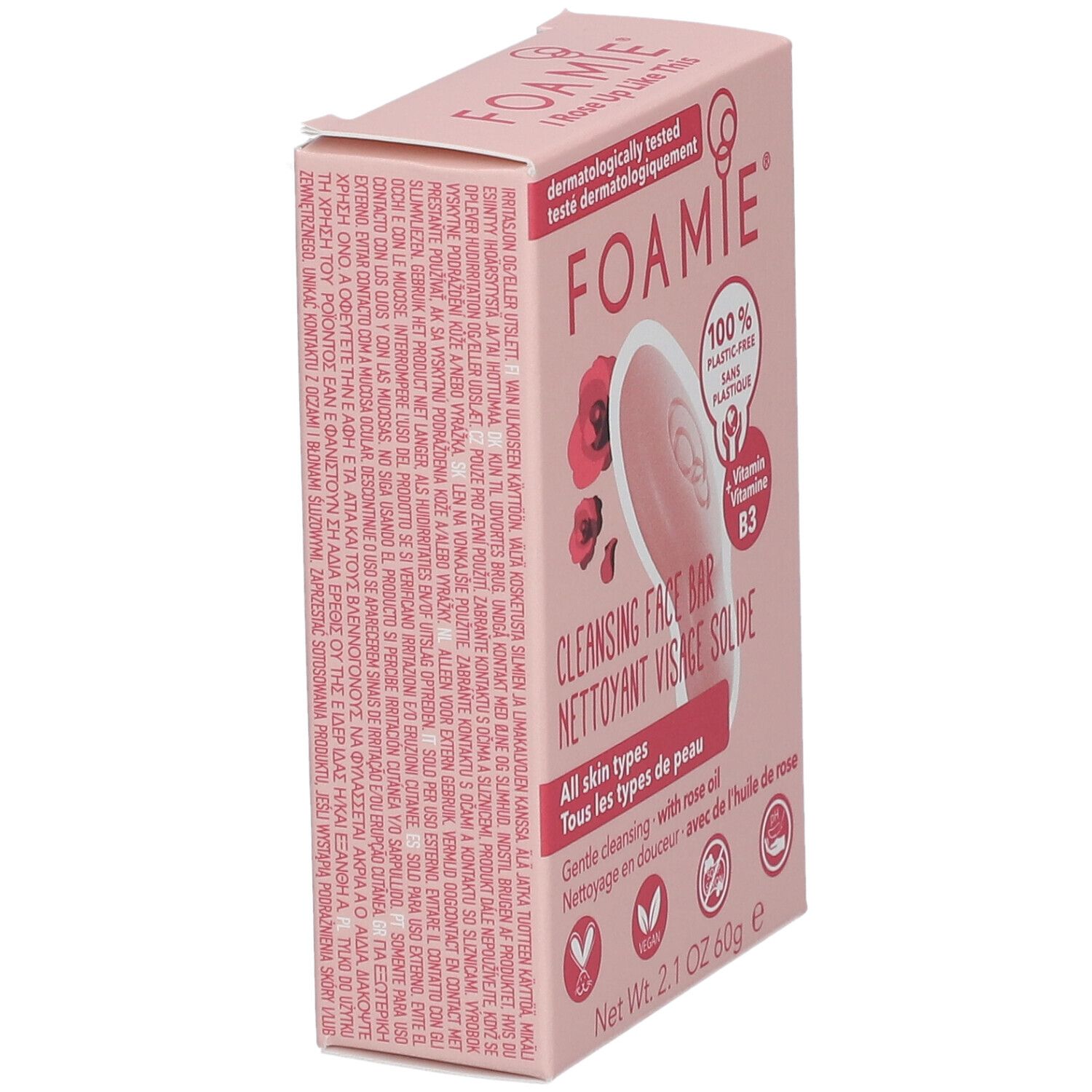 Boîte rose avec produit et texte FOAMIE. Inscription : Cleansing Face Bar. Végétalien, 100% sans plastique.
