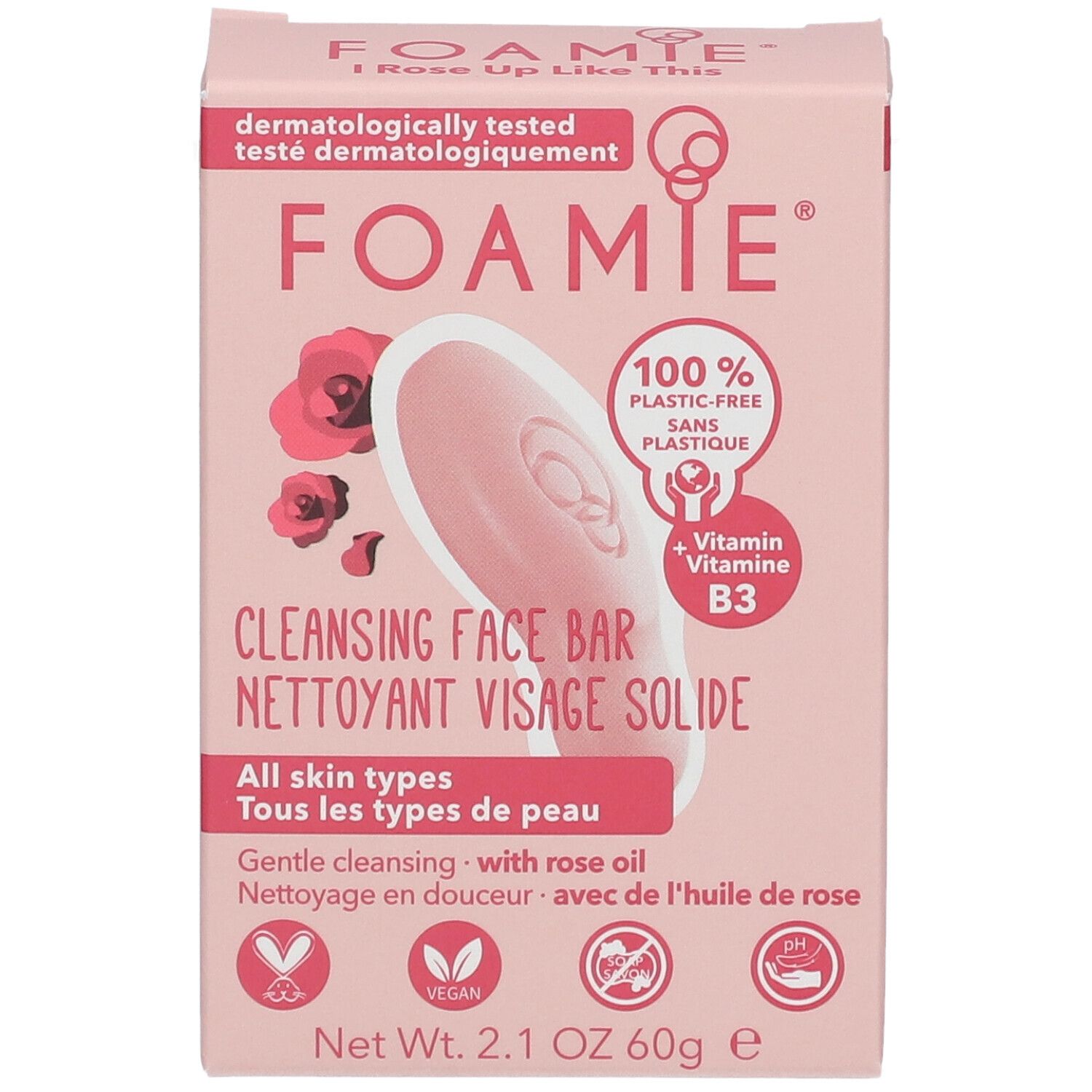 Boîte rose avec produit et texte FOAMIE. Inscription : Cleansing Face Bar. Végétalien, 100% sans plastique.