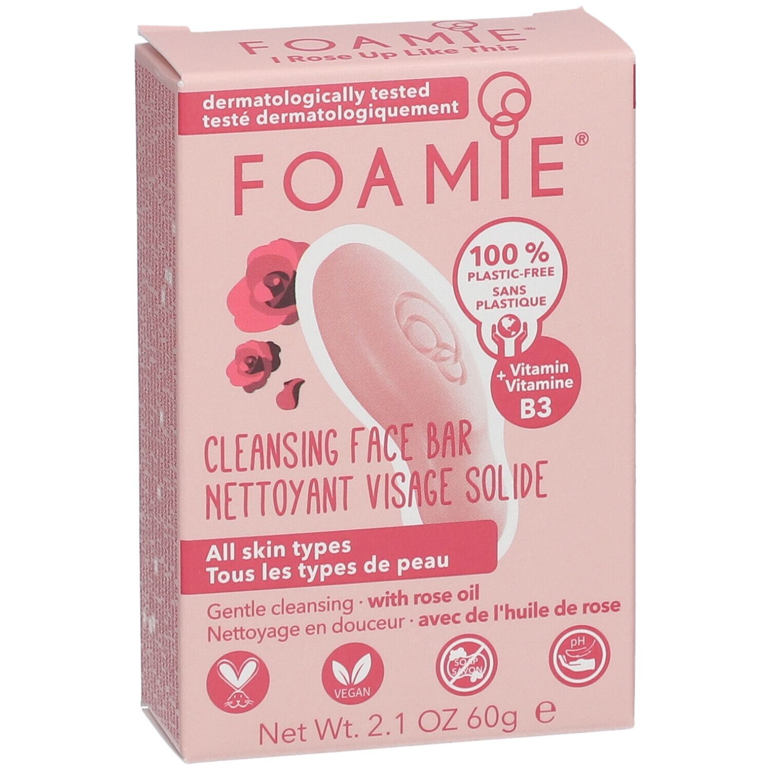 Boîte rose avec produit et texte FOAMIE. Inscription : Cleansing Face Bar. Végétalien, 100% sans plastique.