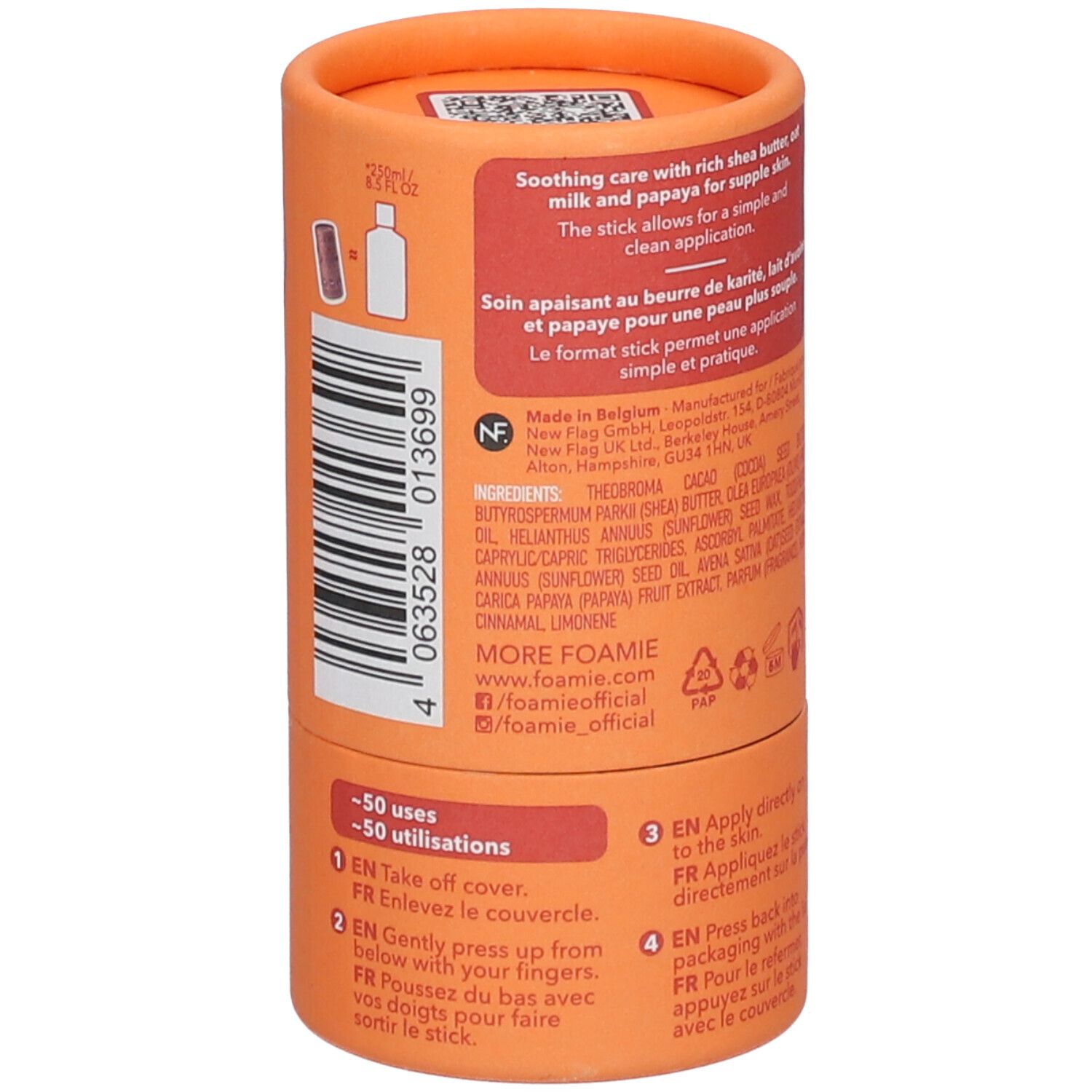 Dos de l'emballage cylindrique. Ingrédients, instructions d'utilisation et coordonnées. 50 utilisations.