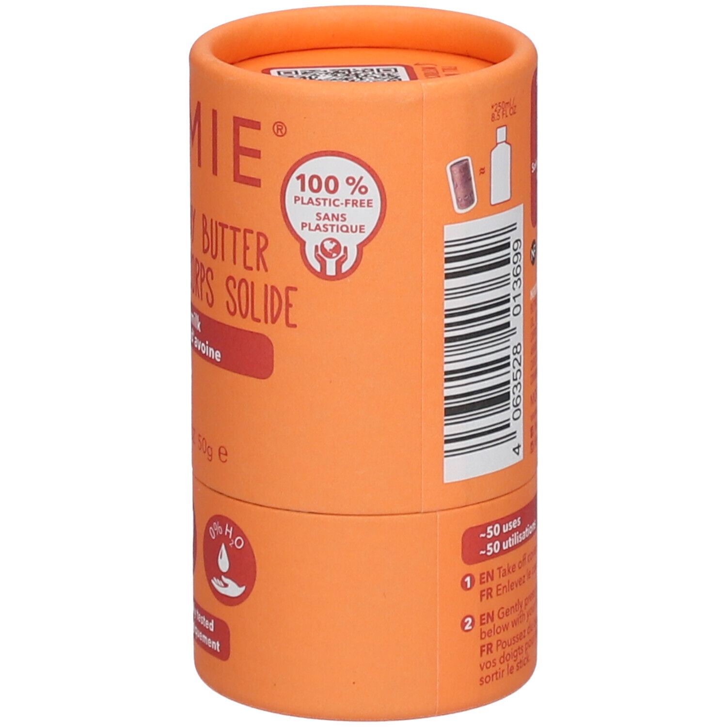 Dos de l'emballage. Nom du produit, 100% sans plastique. Instructions d'utilisation. 50 utilisations. Label végétalien.