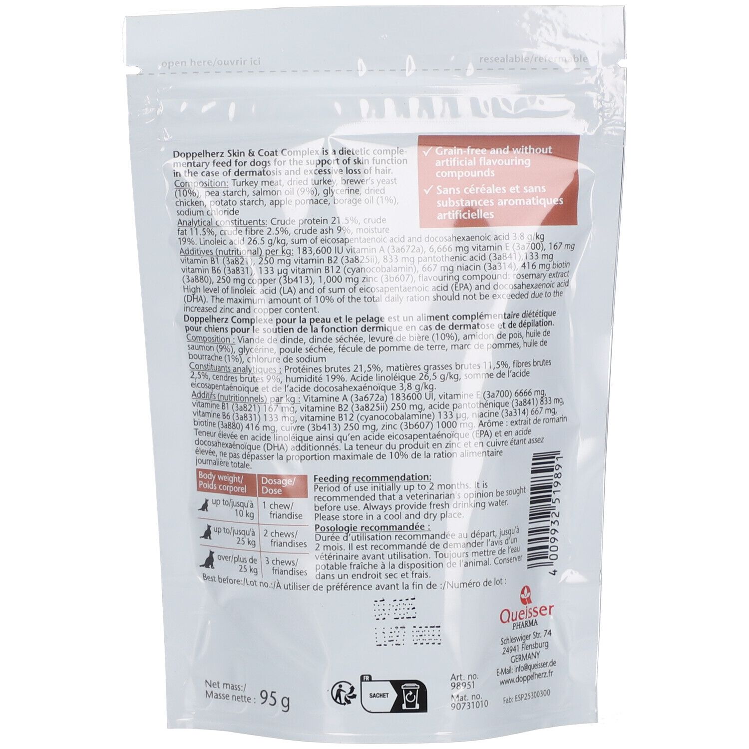 Dos du paquet de Doppelherz Skin & Coat Complex. Texte avec ingrédients et recommandations d'alimentation. Poids : 95 g.