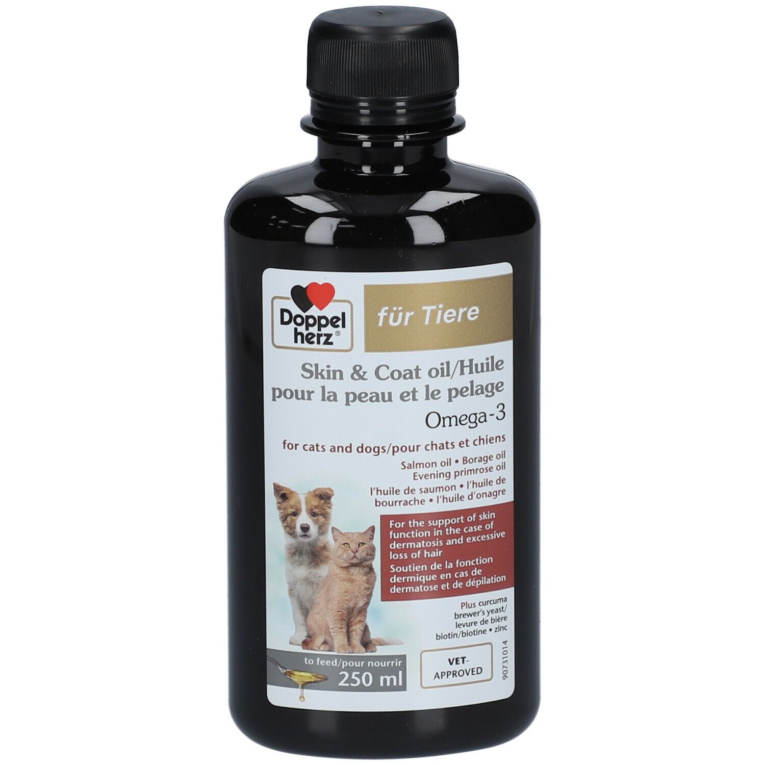 Bouteille noire avec étiquette. Doppelherz pour animaux Skin & Coat Oil Omega-3 pour chats et chiens. VET APPROVED.