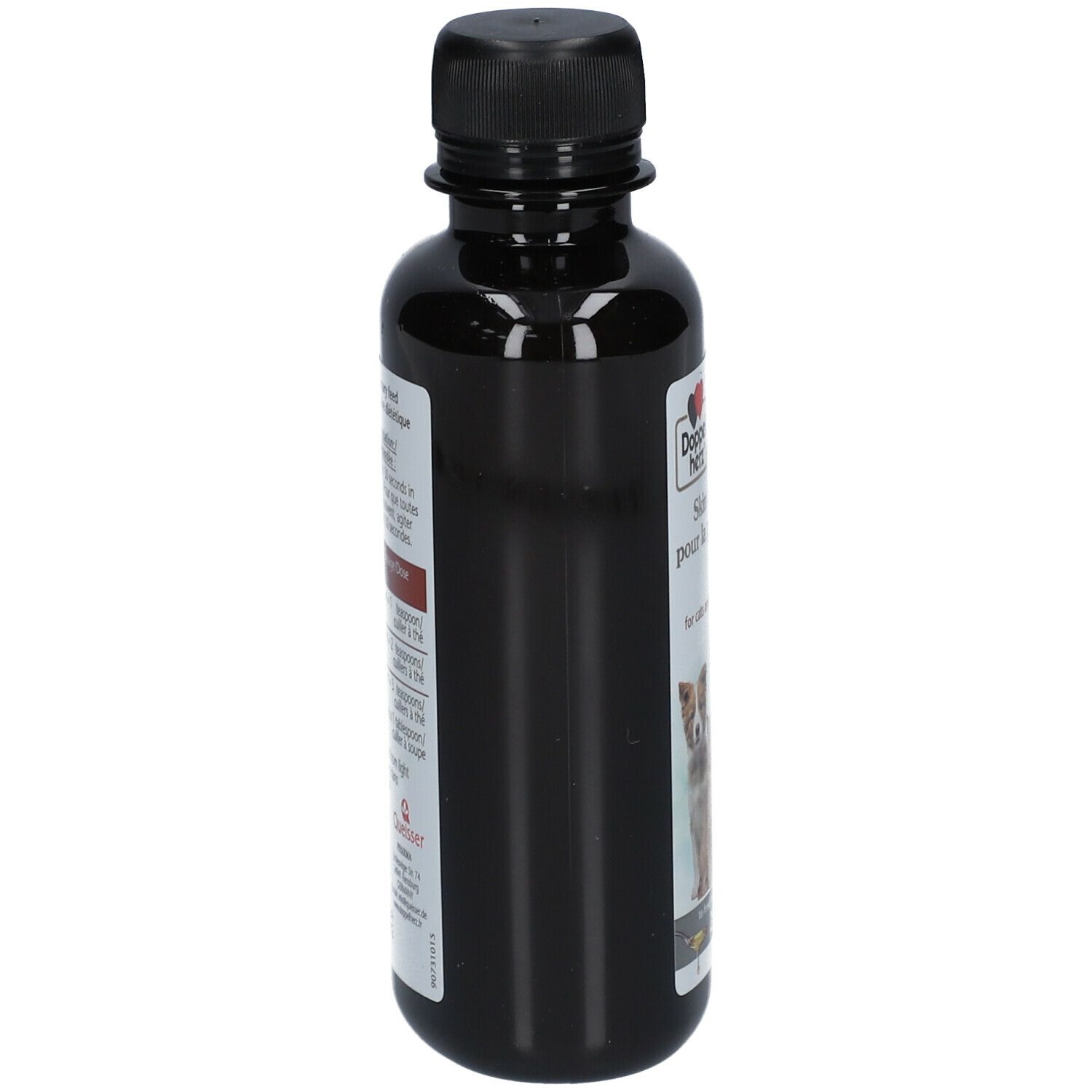 Bouteille noire, vue latérale. Étiquette avec texte. Doppelherz pour animaux Skin & Coat Oil Omega-3 pour chats et chiens.