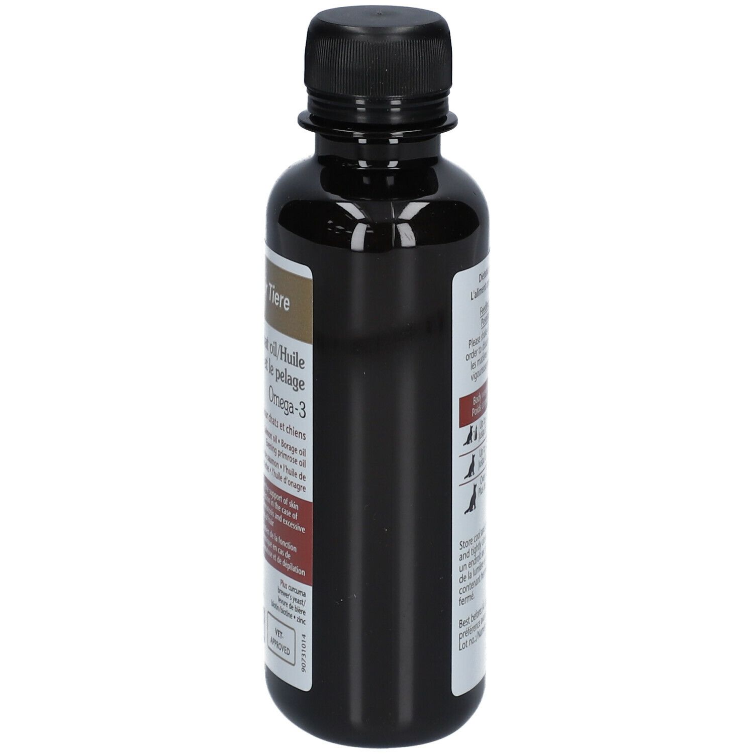 Bouteille noire, vue latérale. Étiquette avec texte. Doppelherz pour animaux Skin & Coat Oil Omega-3 pour chats et chiens.