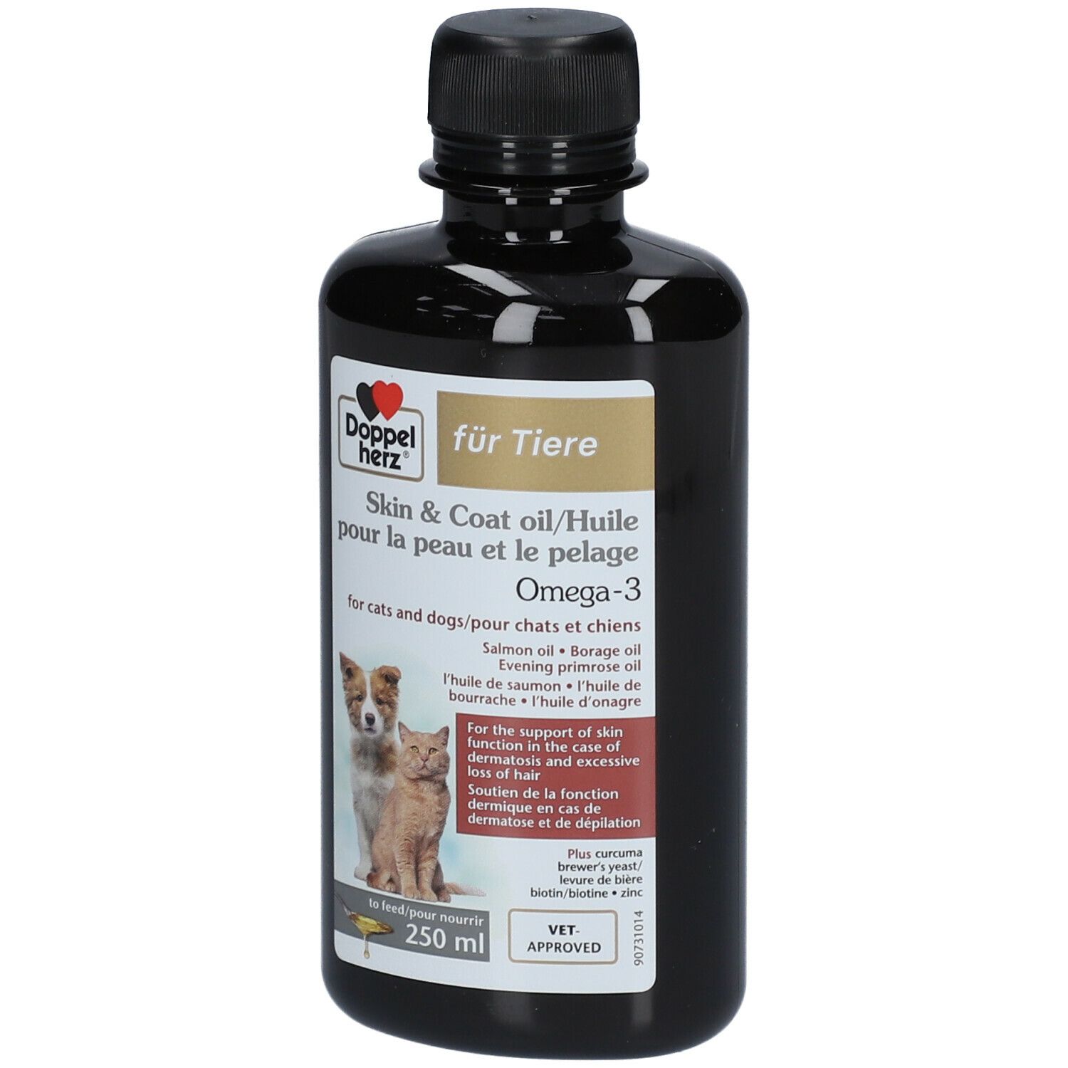 Bouteille noire avec étiquette. Doppelherz pour animaux Skin & Coat Oil Omega-3 pour chats et chiens. VET APPROVED.