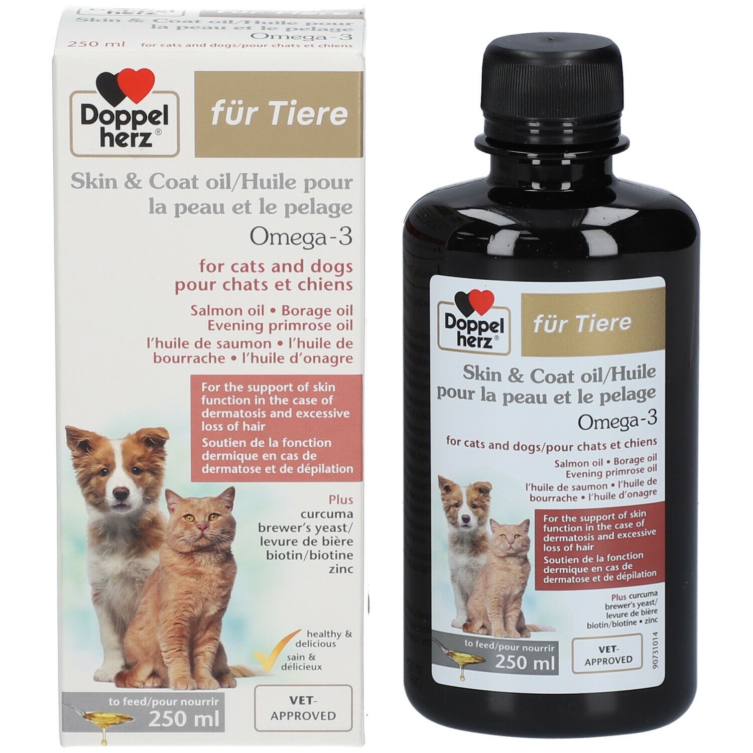 Emballage et bouteille du produit. Doppelherz pour animaux Skin & Coat Oil Omega-3 pour chats et chiens. VET APPROVED.