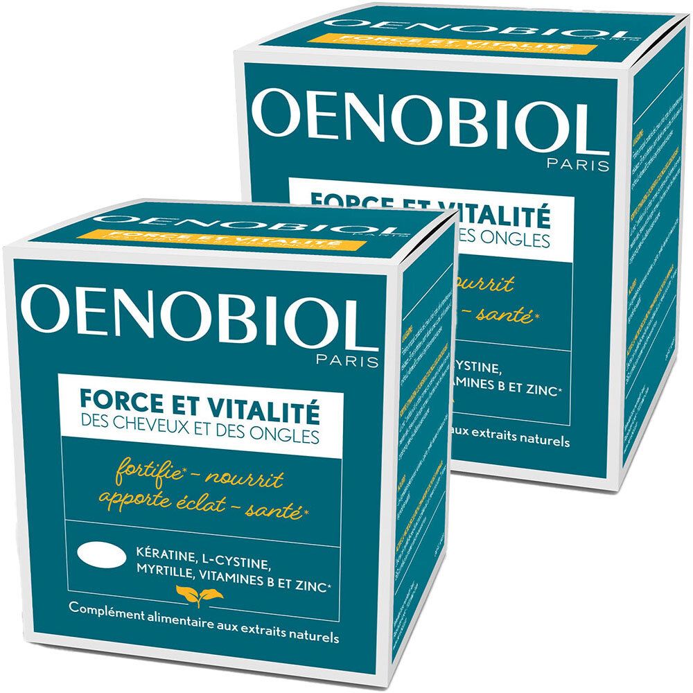 Deux boîtes carrées OENOBIOL PARIS. Texte : FORCE ET VITALITÉ DES CHEVEUX ET DES ONGLES. Ingrédients : Kératine, L-Cystine, Myrtille, Vitamines B et Zinc.