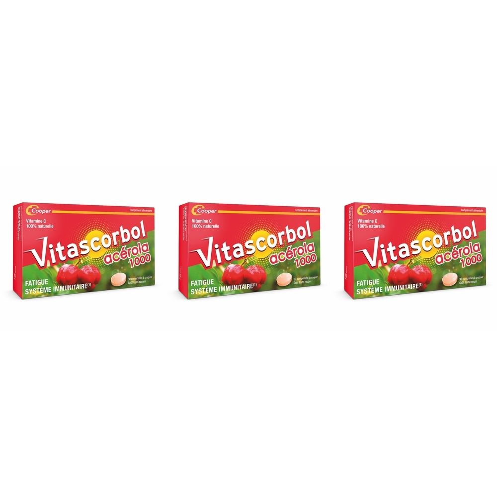 Trois boîtes rouges. Inscription "Vitascorbol acérola 1000". Illustration de cerises et fond blanc.