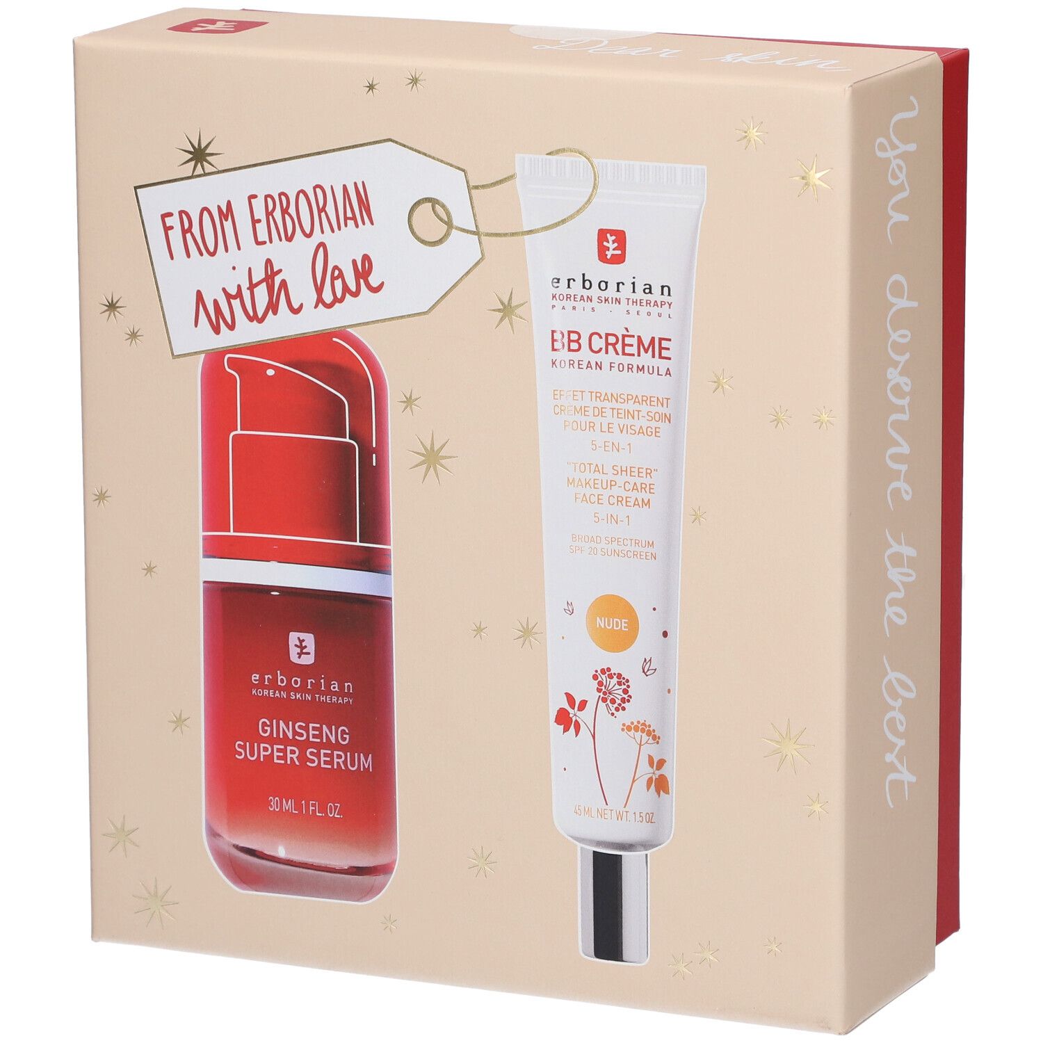 Coffret cadeau Erborian avec Ginseng Super Serum et BB Crème. Les deux produits sont visibles dans la boîte.