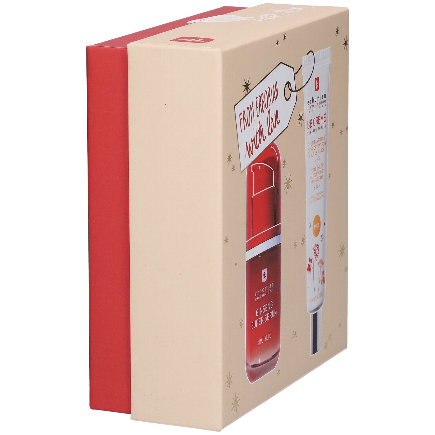 Vue latérale du coffret cadeau. Couleurs rouge et beige. "From Erborian with love" est écrit sur la boîte.