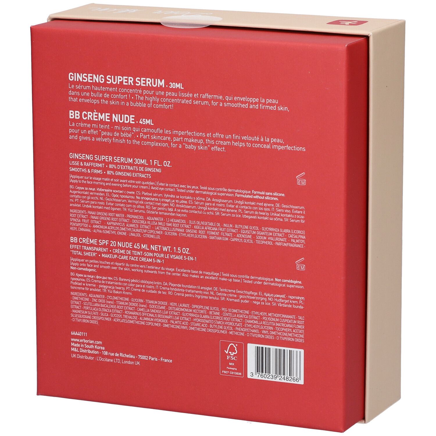 Dos du coffret cadeau. Informations textuelles sur Ginseng Super Serum et BB Crème Nude. Logo FSC.