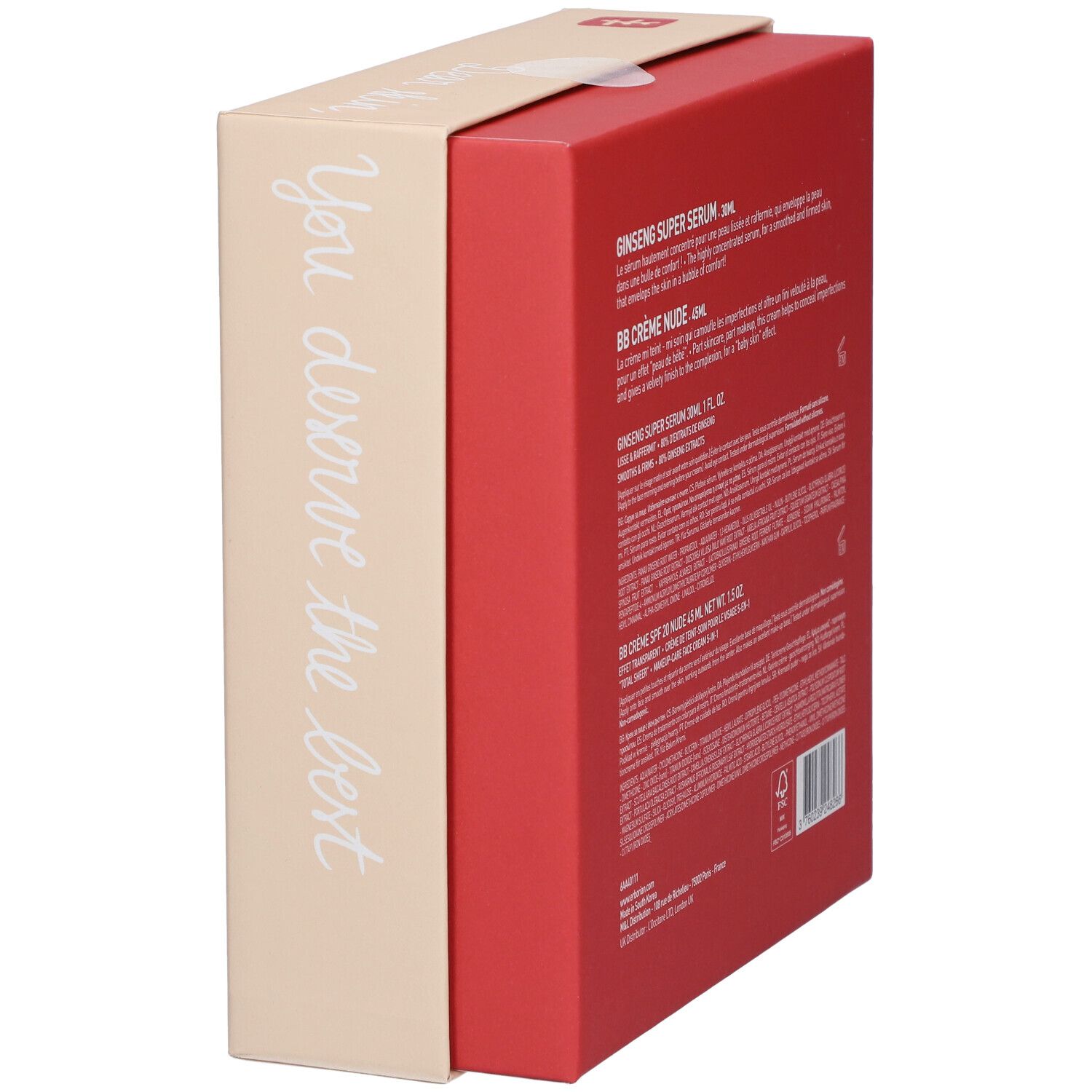 Vue latérale du coffret cadeau. "You deserve the best" est écrit sur la boîte. Couleurs rouge et beige.