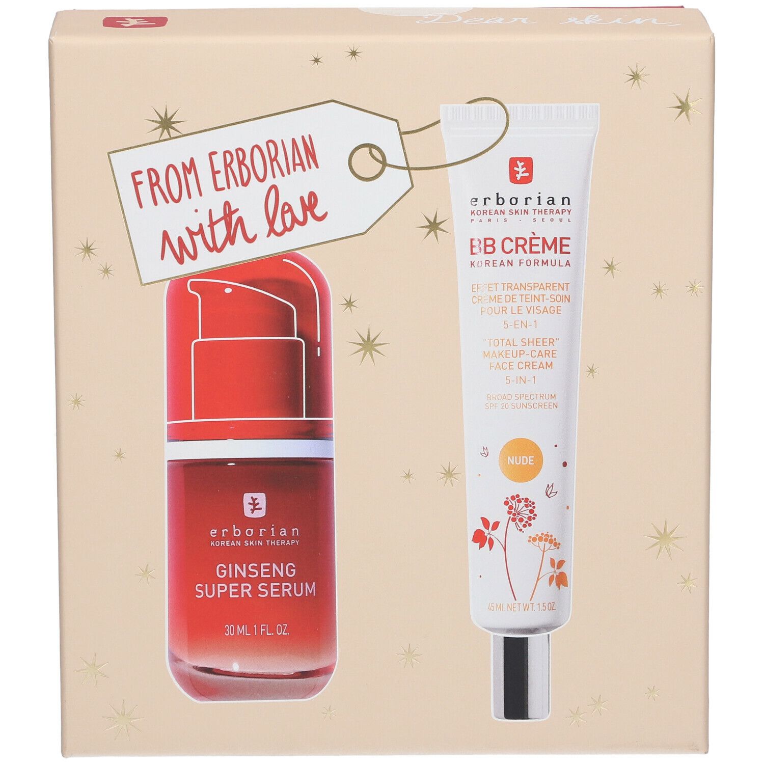 Coffret cadeau Erborian avec Ginseng Super Serum et BB Crème. Les deux produits sont visibles dans la boîte.