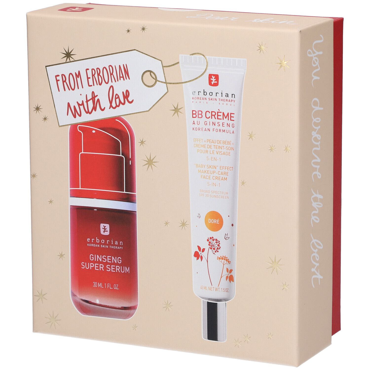 Coffret cadeau avec sérum et BB crème. Inscription : From Erborian with love. Produits Erborian.