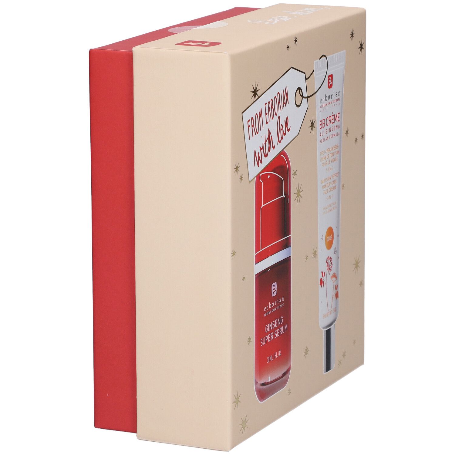 Vue latérale du coffret cadeau. Côté rouge avec texte. Inscription : You deserve the best. Produits Erborian.