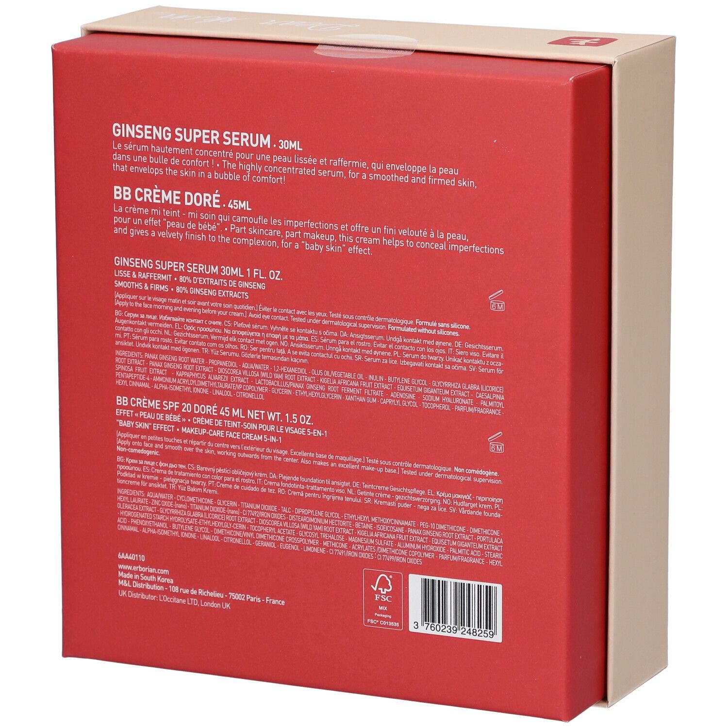 Dos du coffret cadeau. Texte en plusieurs langues. Noms des produits : Ginseng Super Serum, BB Crème Doré. Erborian.