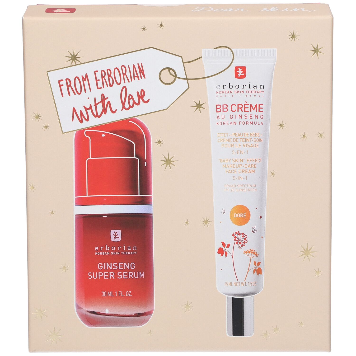 Coffret cadeau avec sérum et BB crème. Inscription : From Erborian with love. Produits Erborian.