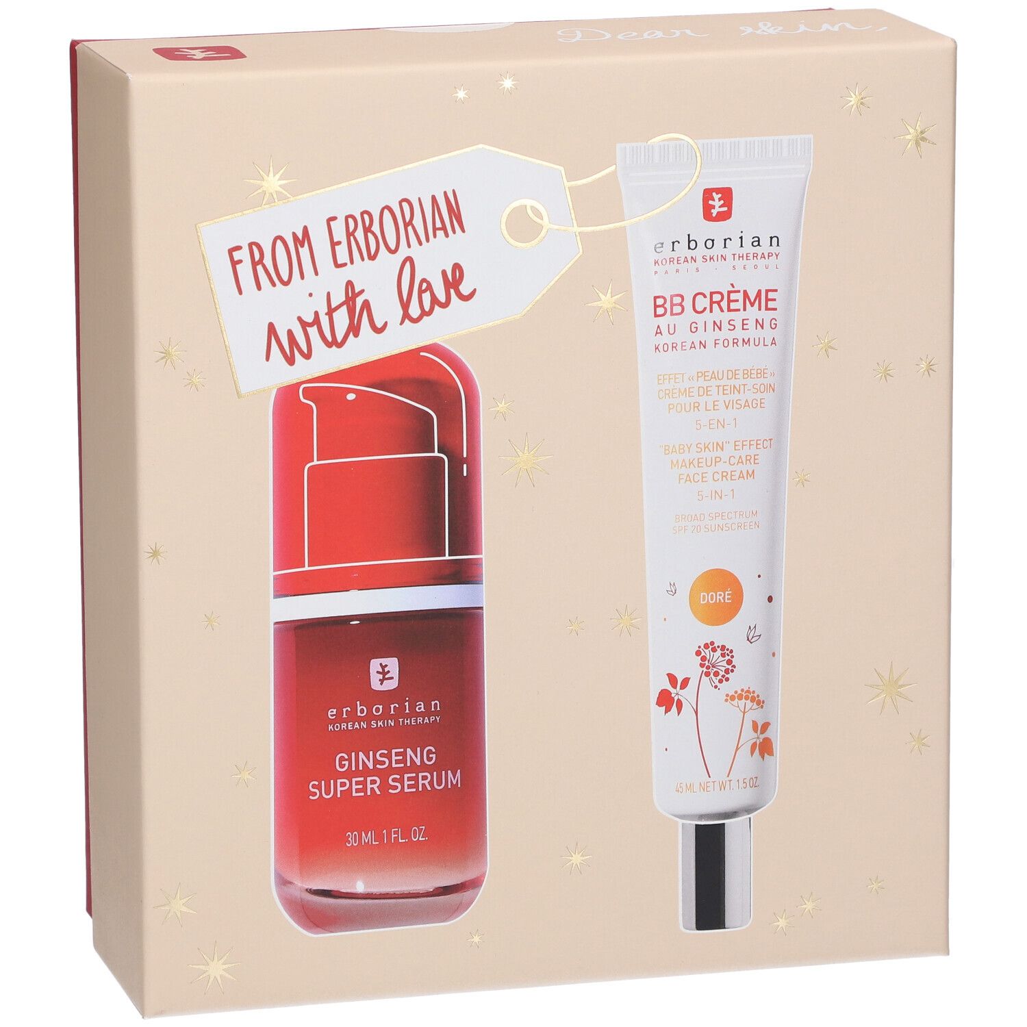 Coffret cadeau avec sérum et BB crème. Inscription : From Erborian with love. Produits Erborian.
