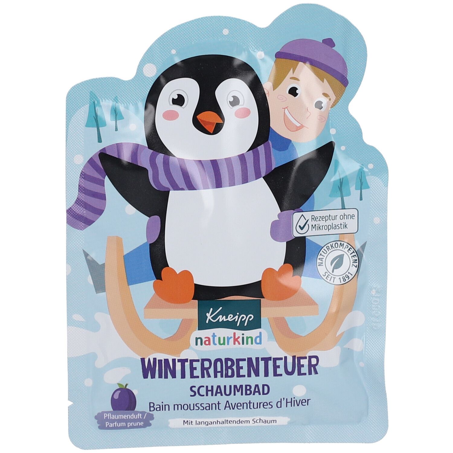 Sachet de bain moussant avec illustration de pingouin sur luge. Texte: Aventures d'Hiver, Bain moussant. Kneipp naturkind.