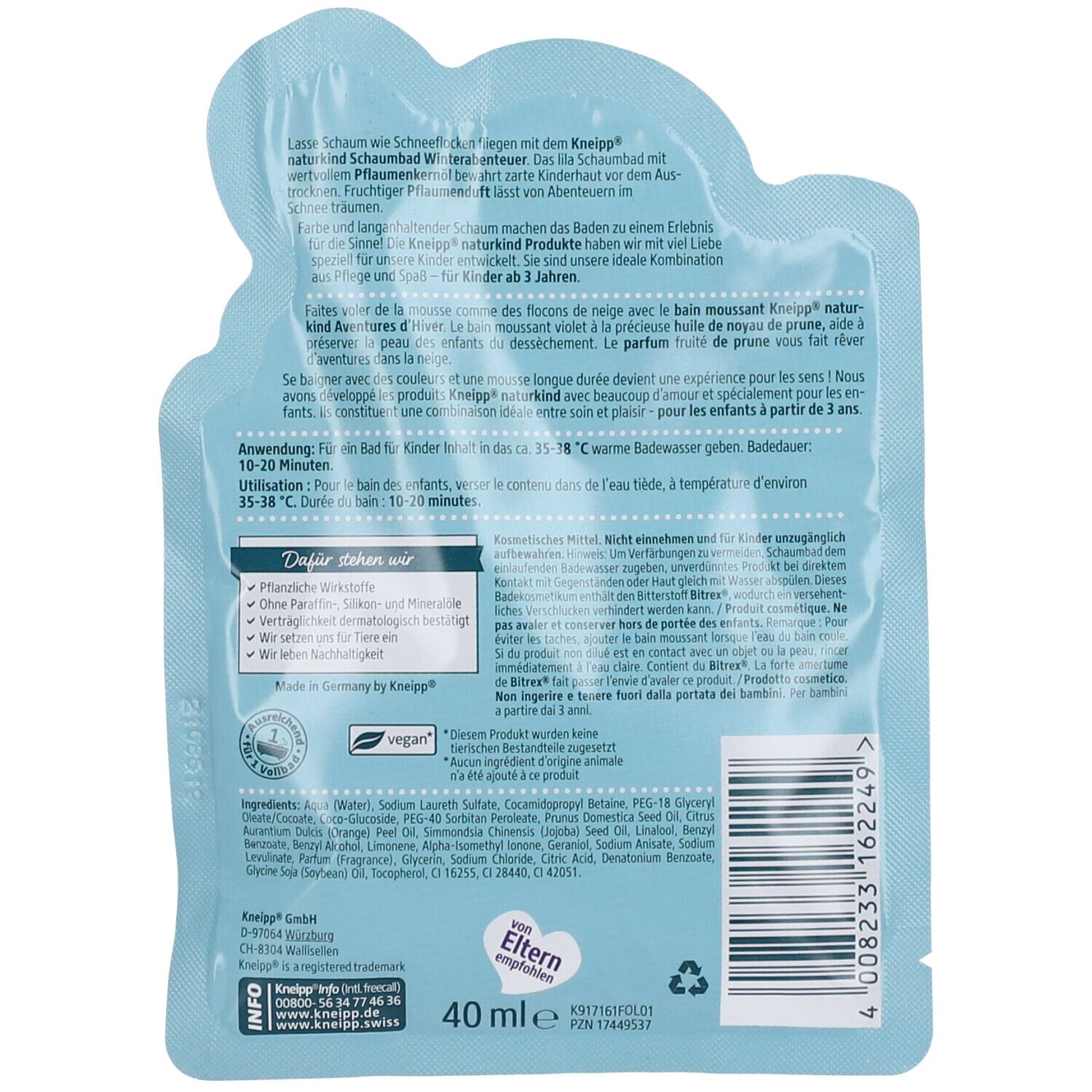 Dos du sachet de bain moussant. Texte: Kneipp, naturkind, ingrédients, vegan, 40 ml. Avec illustrations et texte multilingue.