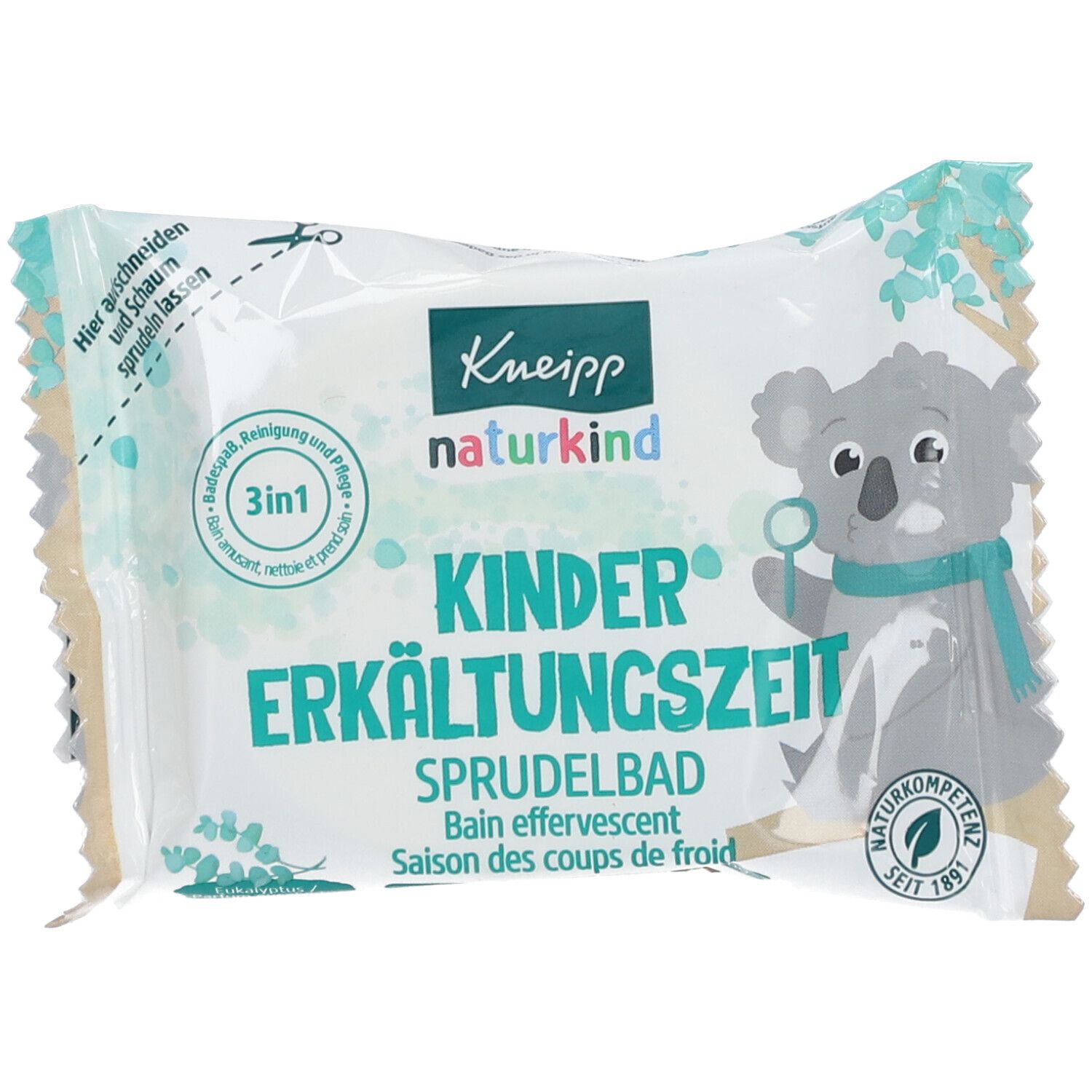 Emballage Kneipp naturkind pour bain moussant Enfants. Image d'un koala avec écharpe. Texte: 3en1, Bain effervescent, Saison des coups de froid.