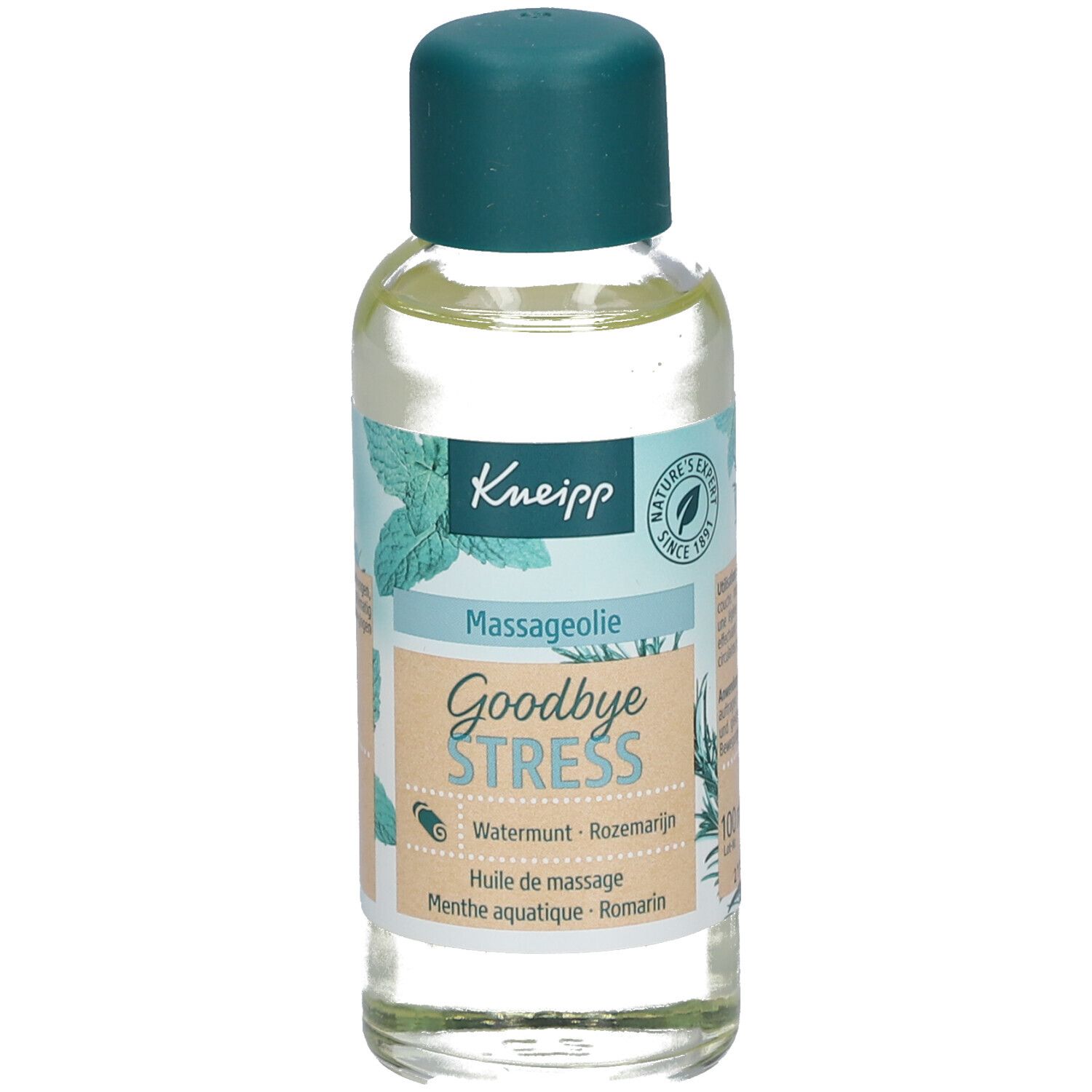 Flacon d'huile de massage Kneipp Goodbye Stress. Bouchon vert. Étiquette avec nom du produit, ingrédients et logo.