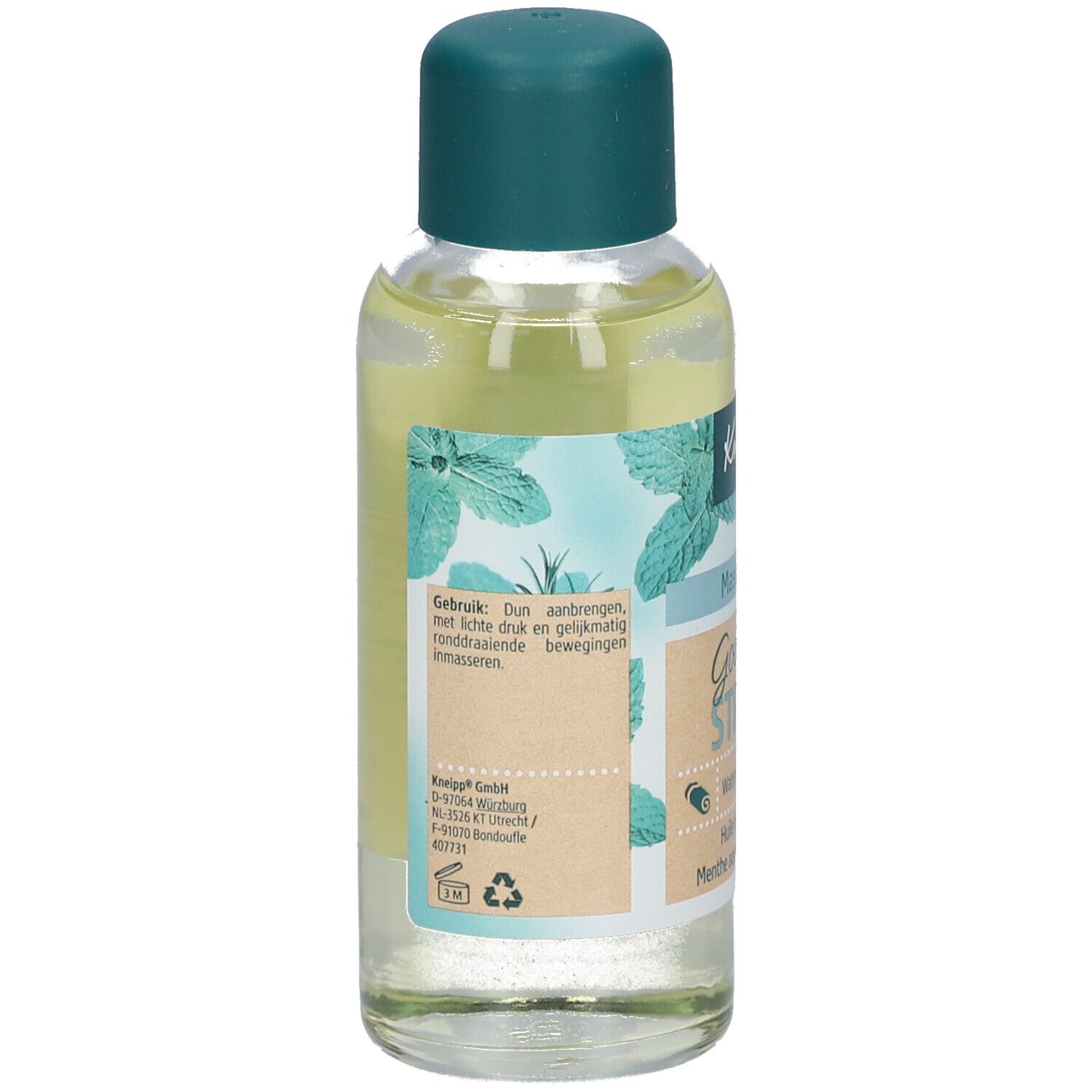 Dos du flacon d'huile de massage Kneipp Goodbye Stress. Étiquette avec mode d'emploi et informations fabricant.
