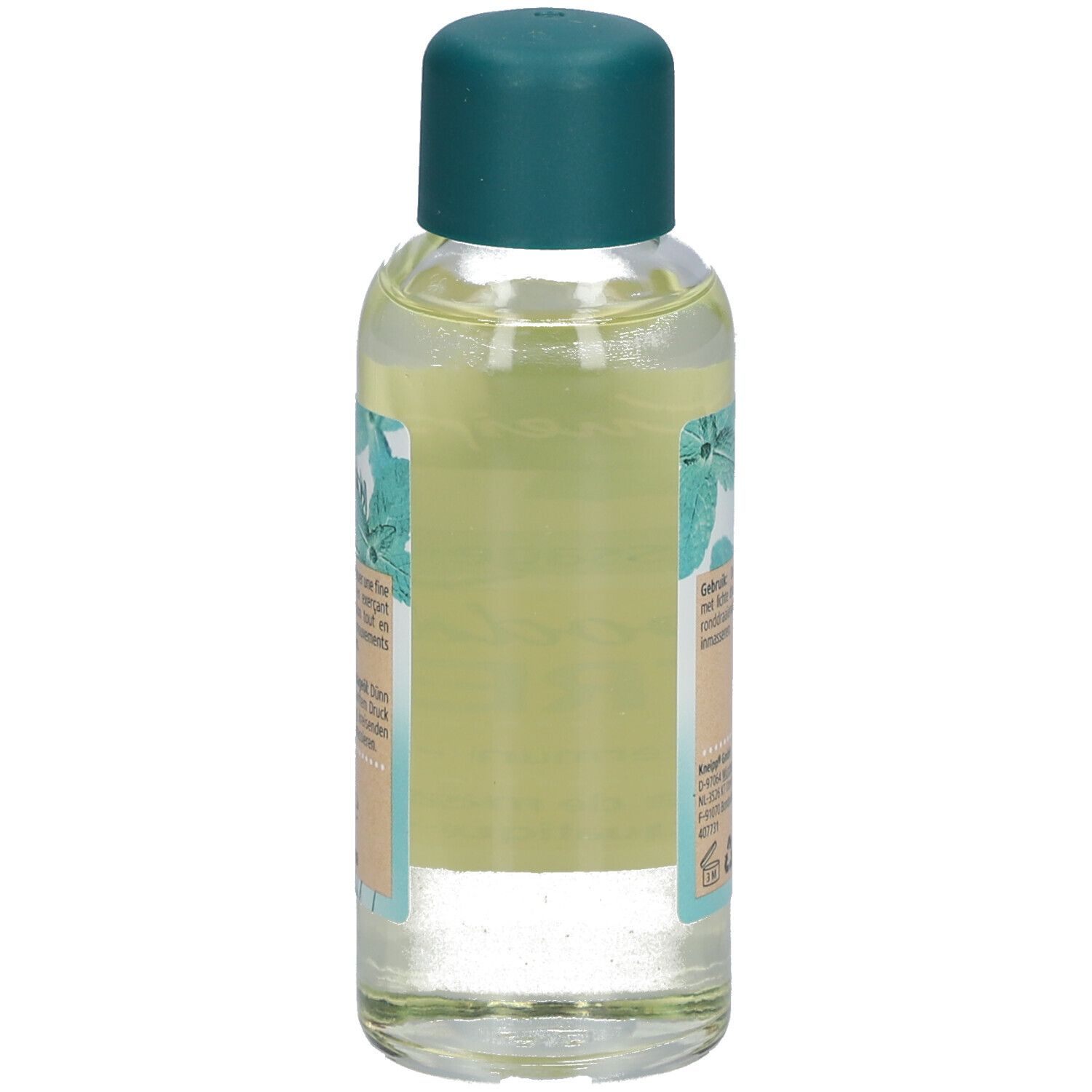 Vue arrière du flacon d'huile de massage Kneipp Goodbye Stress. Étiquette avec instructions et informations fabricant.