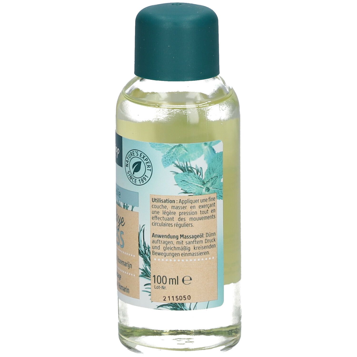 Flacon d'huile de massage Kneipp Goodbye Stress. Étiquette avec mode d'emploi, ingrédients et volume 100 ml.