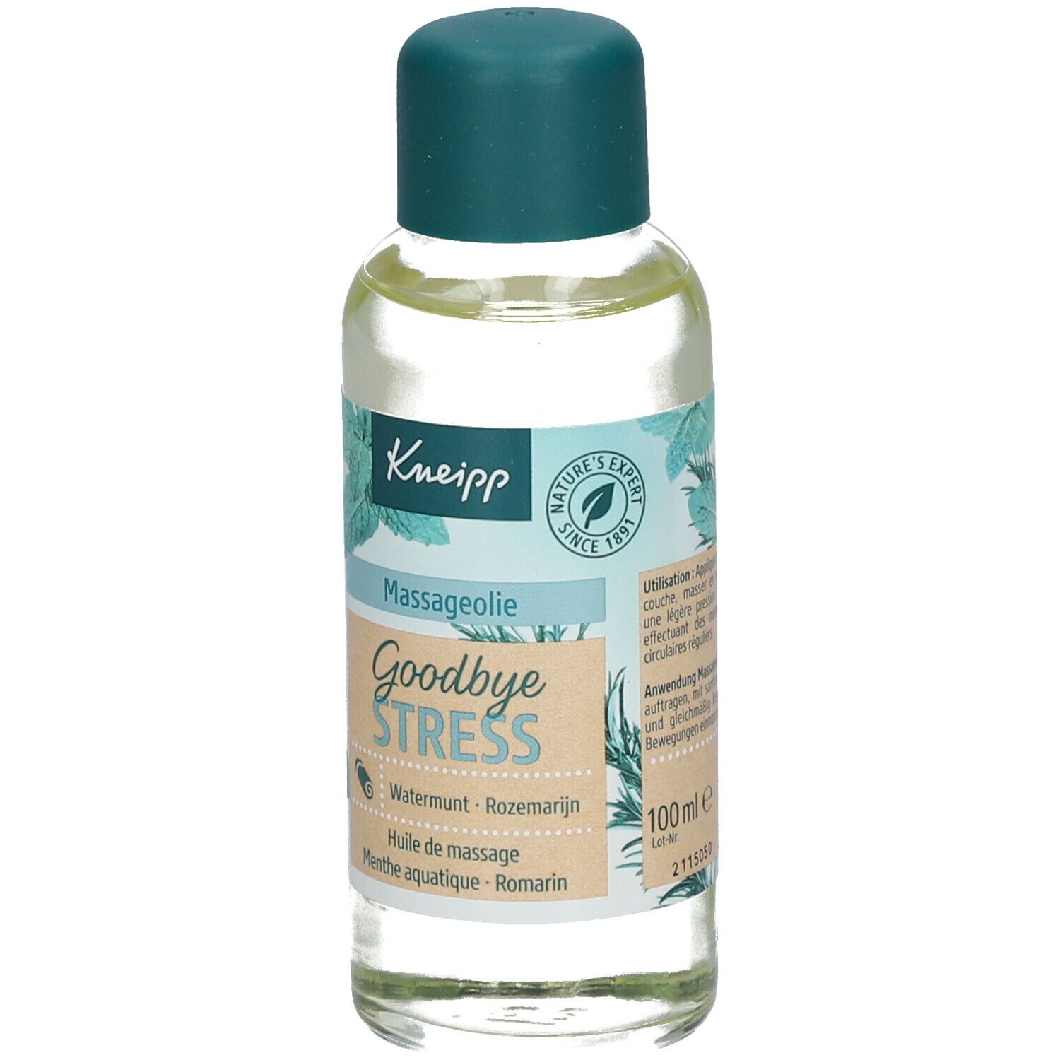 Flacon d'huile de massage Kneipp Goodbye Stress. Vue de face. Étiquette avec nom, ingrédients et logo.
