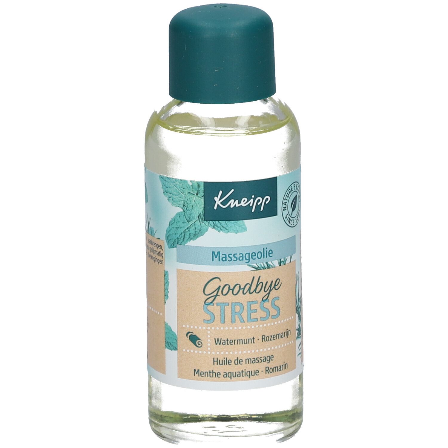 Flacon d'huile de massage Kneipp Goodbye Stress. Vue de face. Étiquette avec nom, ingrédients et logo.