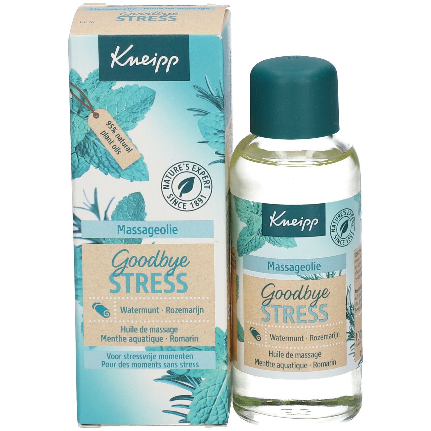 Huile de massage Kneipp Goodbye Stress avec emballage. Flacon et boîte avec nom, logo et ingrédients.