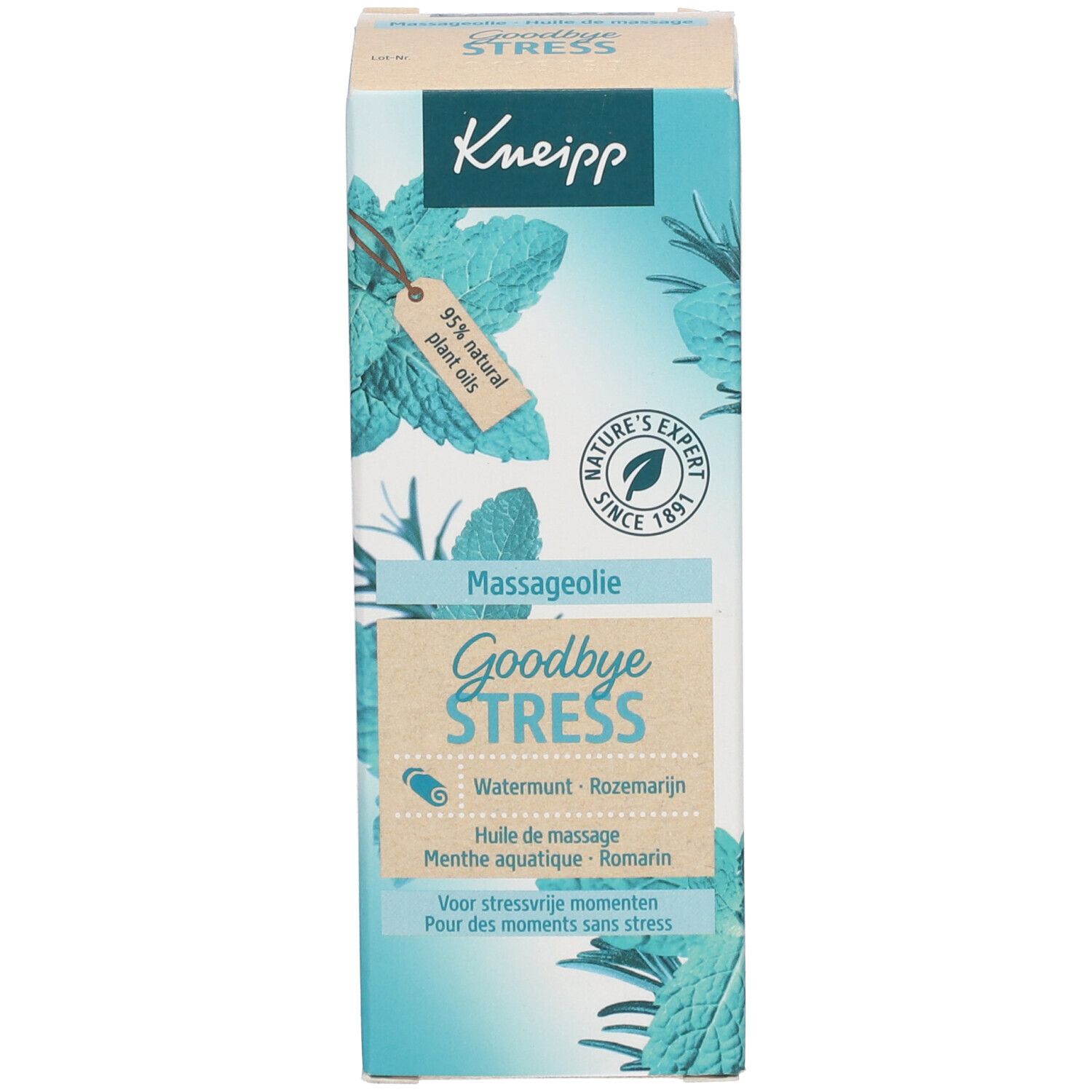 Emballage de l'huile de massage Kneipp Goodbye Stress. Boîte avec nom, logo et ingrédients.