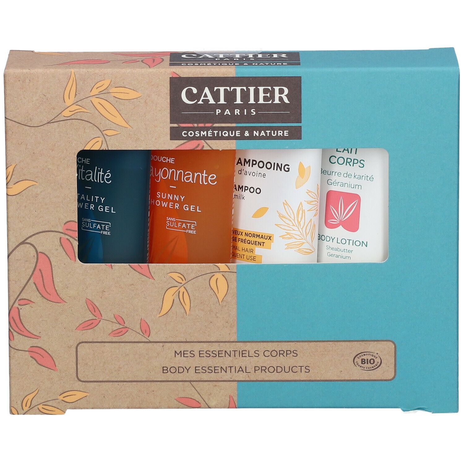 Coffret cadeau avec quatre produits de soin corporel. Boîte avec fenêtre. Marque Cattier Paris. Texte: Mes Essentiels Corps, Body Essential Products.