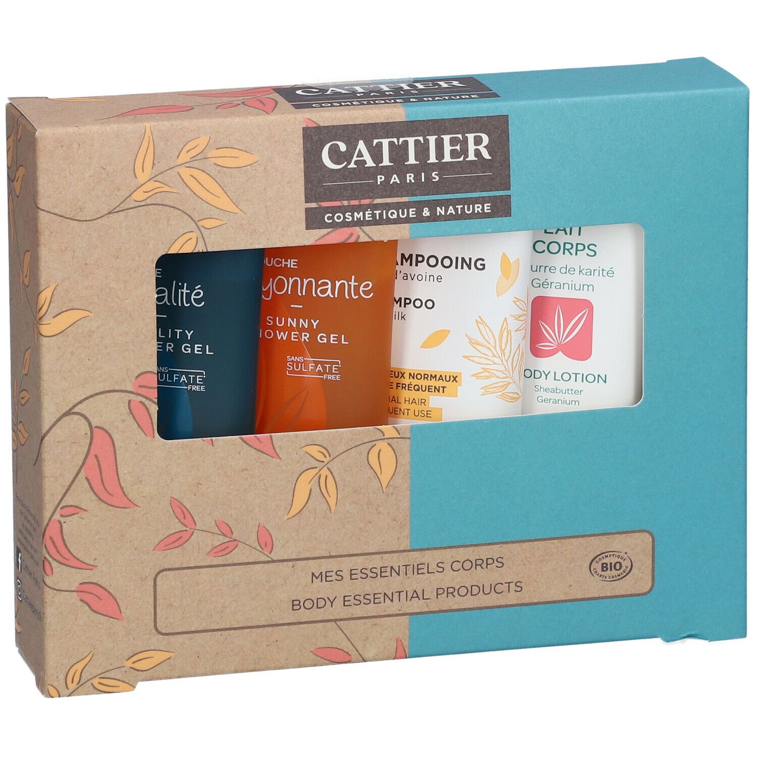 Coffret cadeau avec quatre produits de soin corporel. Boîte avec fenêtre. Marque Cattier Paris. Texte: Mes Essentiels Corps, Body Essential Products.