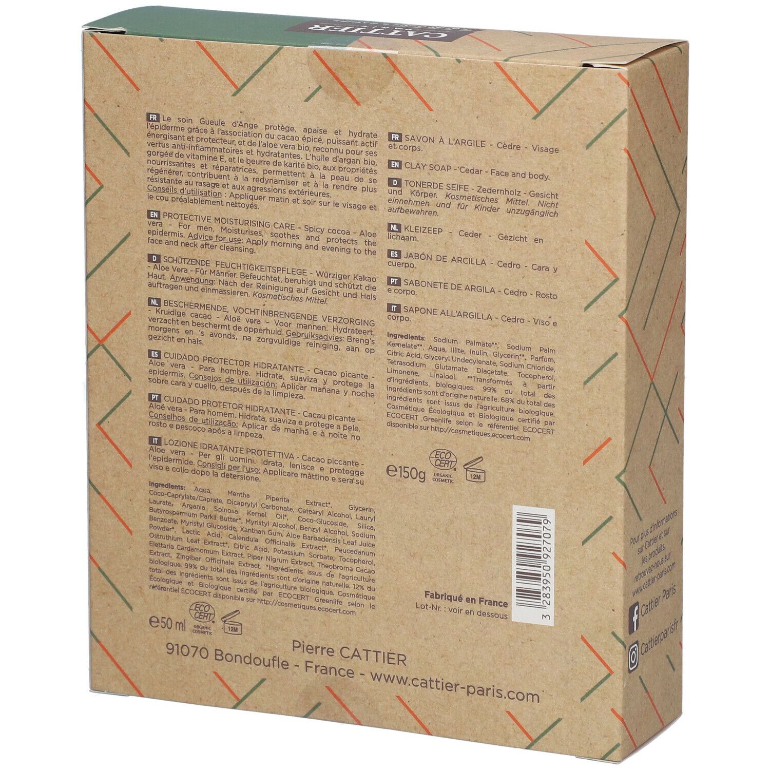 CATTIER Coffret Homme Soin Hydratant Protecteur Bio + Savon Doux Végétal Alargil Bio