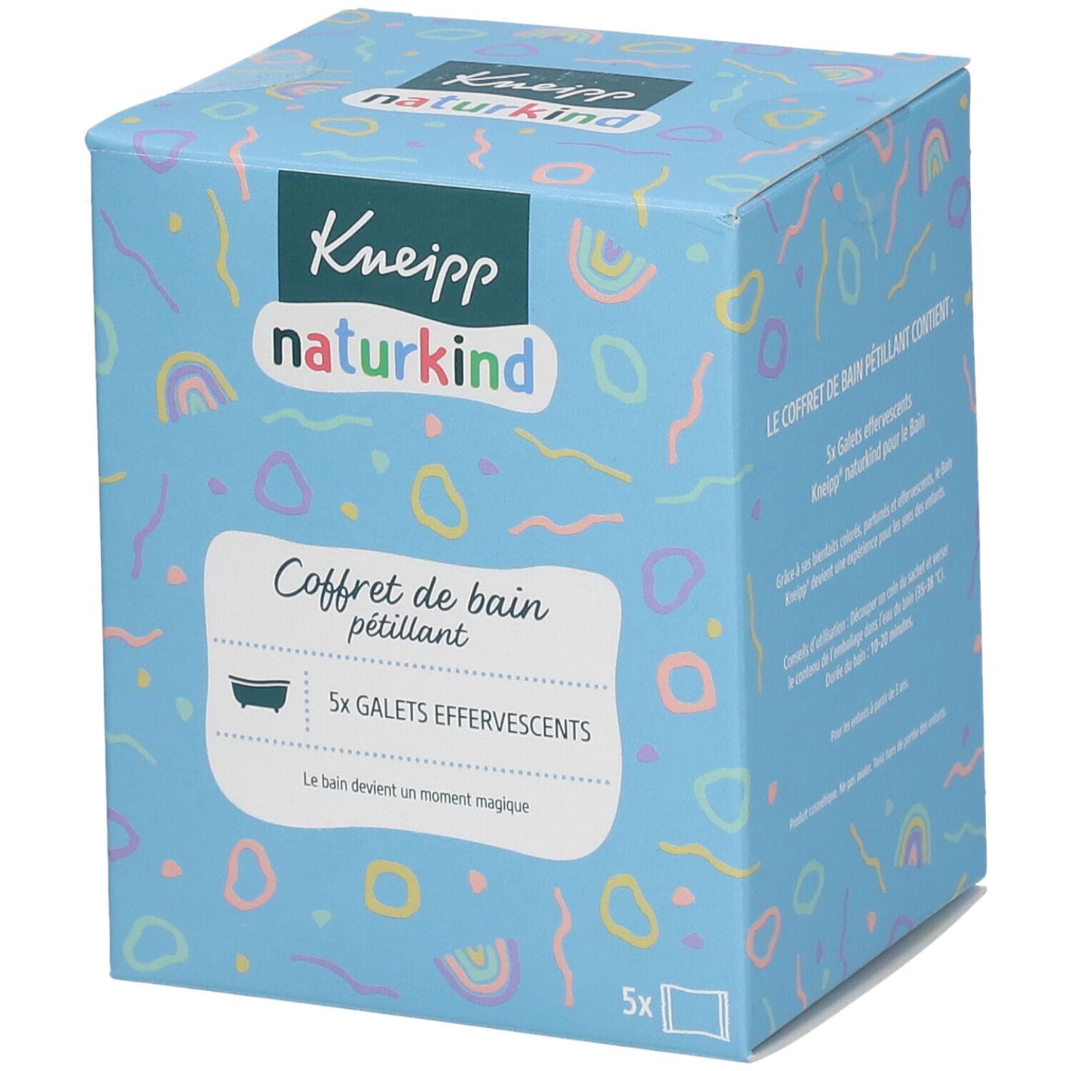 Boîte bleu clair Kneipp naturkind. Contient 5 galets effervescents. Inscriptions et motifs colorés. Le bain devient magique.