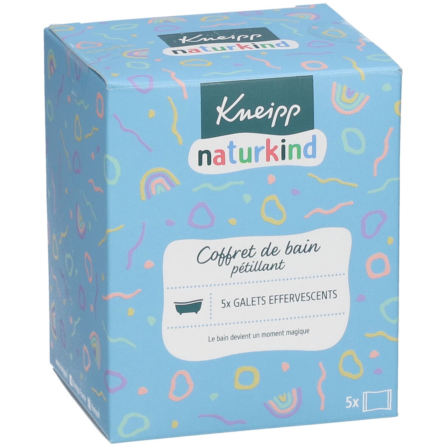 Boîte bleu clair Kneipp naturkind. Contient 5 galets effervescents. Inscriptions et motifs colorés. Le bain devient magique.