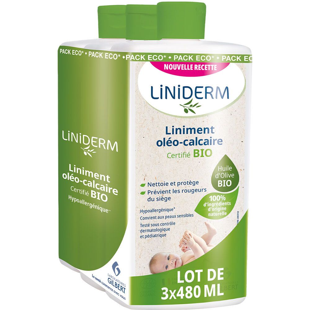 Lot de trois flacons. Inscription: LiNiDERM Liniment oléo-calcaire Certifié BIO. Emballage vert et blanc. Contient de l'huile d'olive.