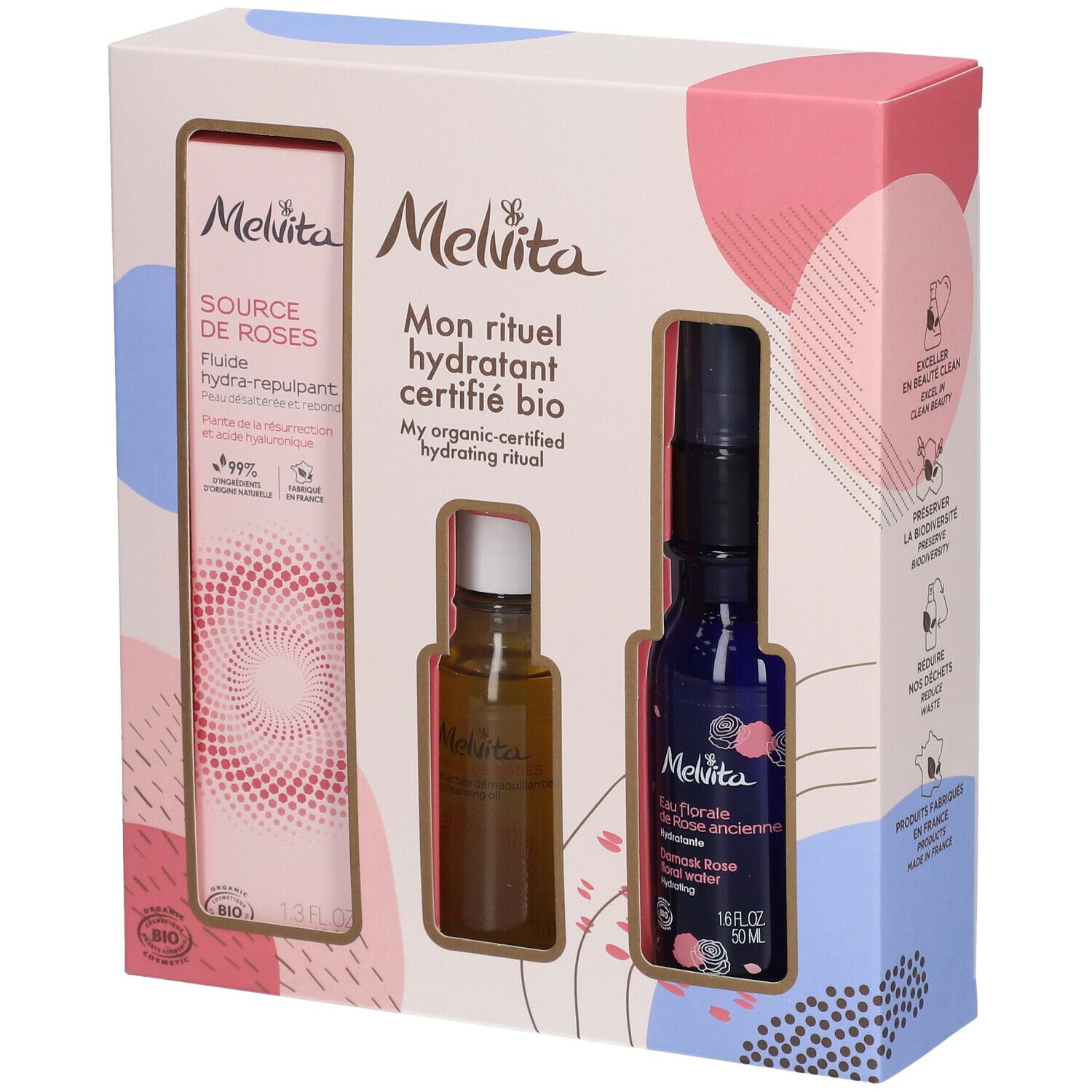 Coffret cadeau avec trois produits. À gauche : flacon de fluide. Au centre : petite bouteille. À droite : flacon bleu avec vaporisateur.