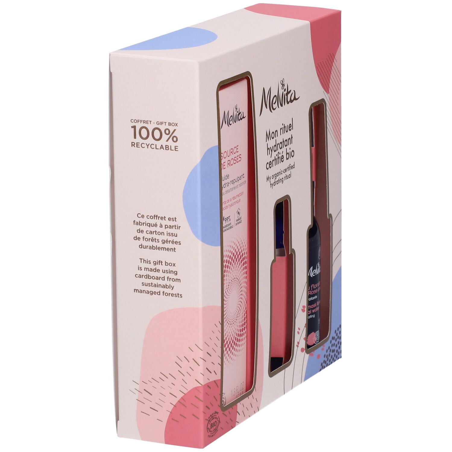Coffret rectangulaire avec trois ouvertures pour produits. Inscription : 100% recyclable. Fabriqué à partir de forêts durables.