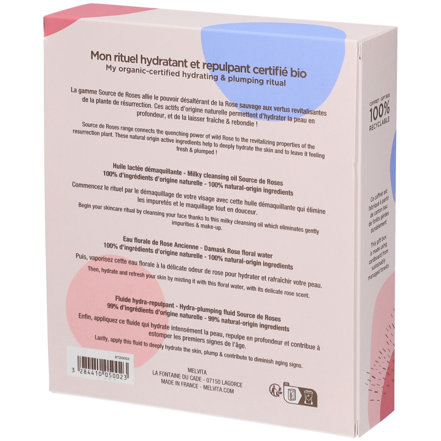 Dos du coffret cadeau avec texte. Descriptions en français. Texte : 100% recyclable. Fabriqué en France.