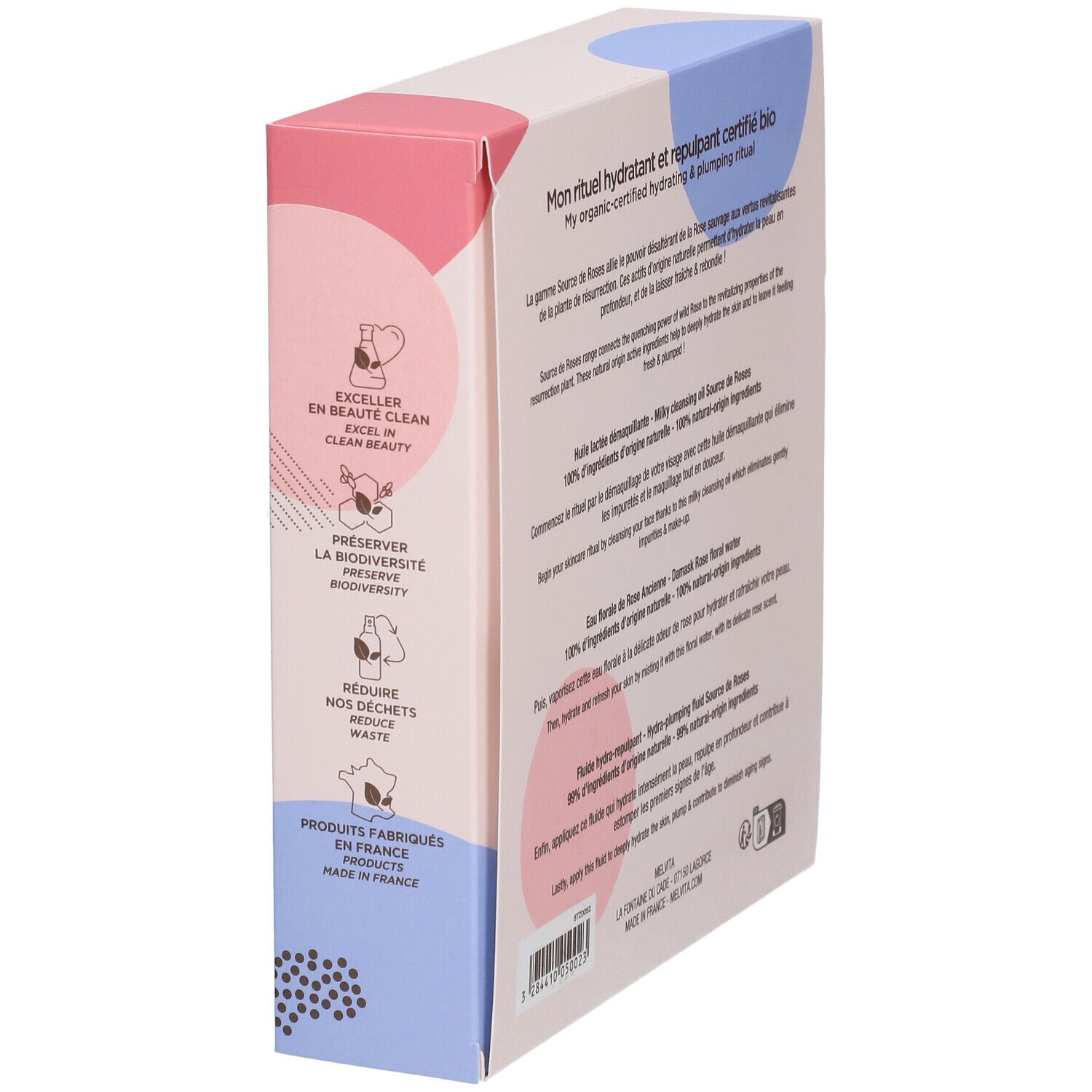 Coffret rectangulaire avec texte. Descriptions en français. Texte : Produits fabriqués en France. 100% recyclable.