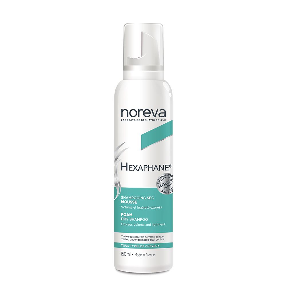 Flacon blanc avec nom et logo du produit. Texte: Hexaphane, Shampoing Sec Mousse, Foam Dry Shampoo. Avec certificat.