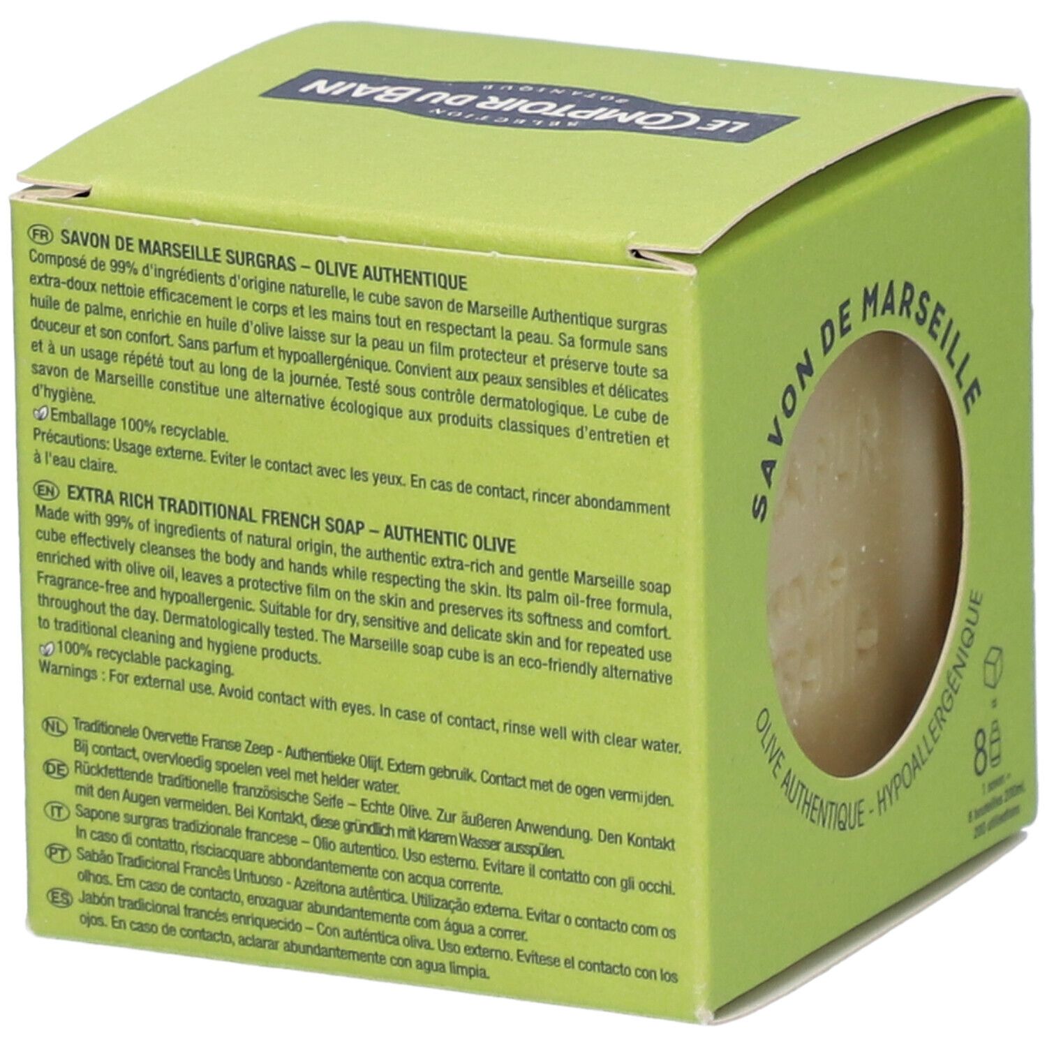 Boîte verte, dos. Texte: Savon de Marseille, ingrédients, mode d'emploi. 100% recyclable. Hypoallergénique.