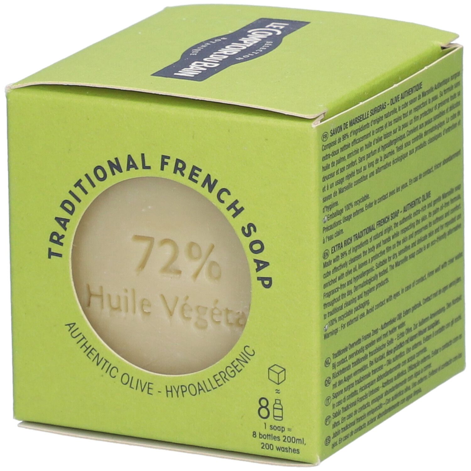 Boîte verte avec trou rond. Visible: savon. Texte: Savon de Marseille, 72% Huile Végétale. Olive, peaux sèches.