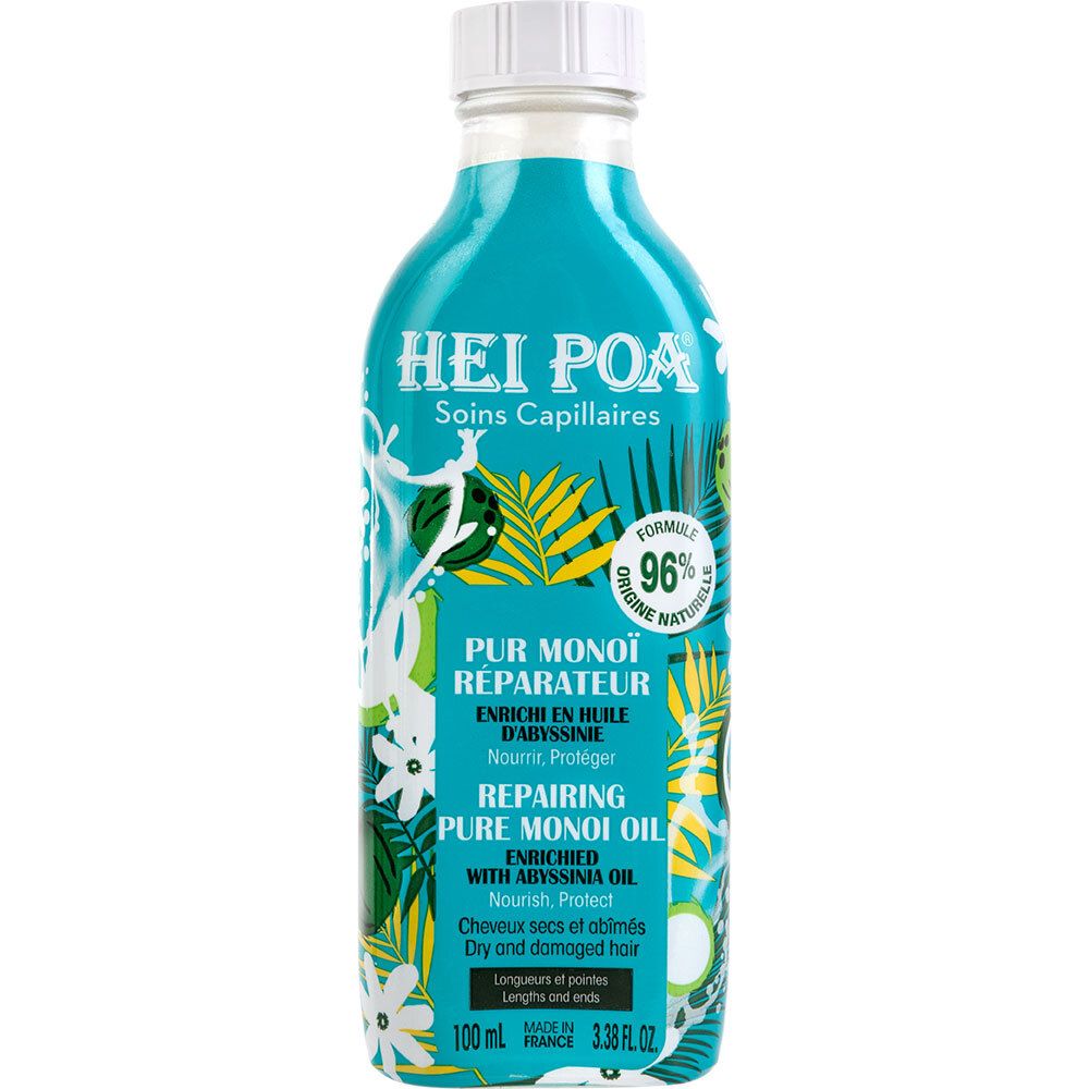 Flacon turquoise à bouchon blanc. Inscription: HEI POA, PUR MONOÏ RÉPARATEUR, formule naturelle à 96%. Pour cheveux secs et abîmés.