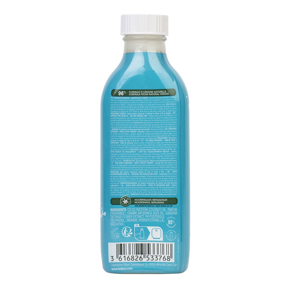 Dos d'un flacon turquoise à bouchon blanc. Texte avec ingrédients et informations. Formule naturelle à 96%.