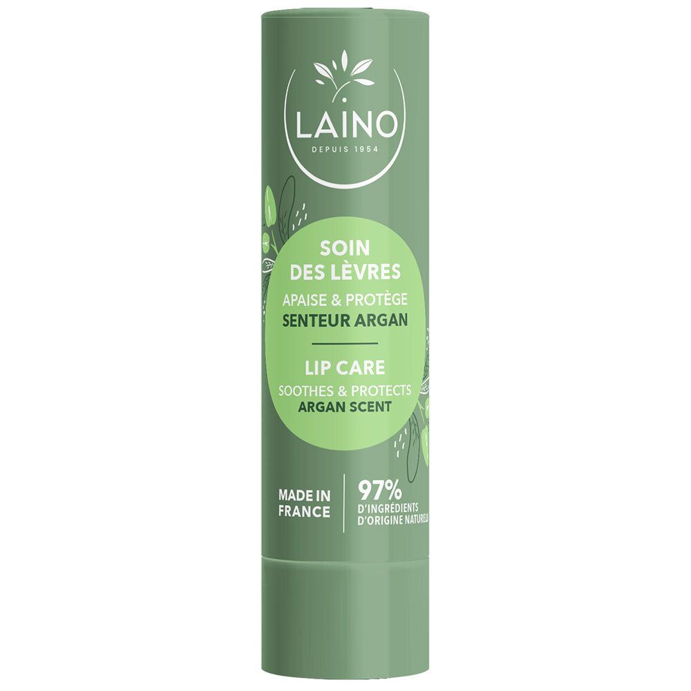 Stick de soin des lèvres vert. Texte: Laino, Soin des Lèvres, Senteur Argan, Lip Care. 97% ingrédients naturels. Fabriqué en France.